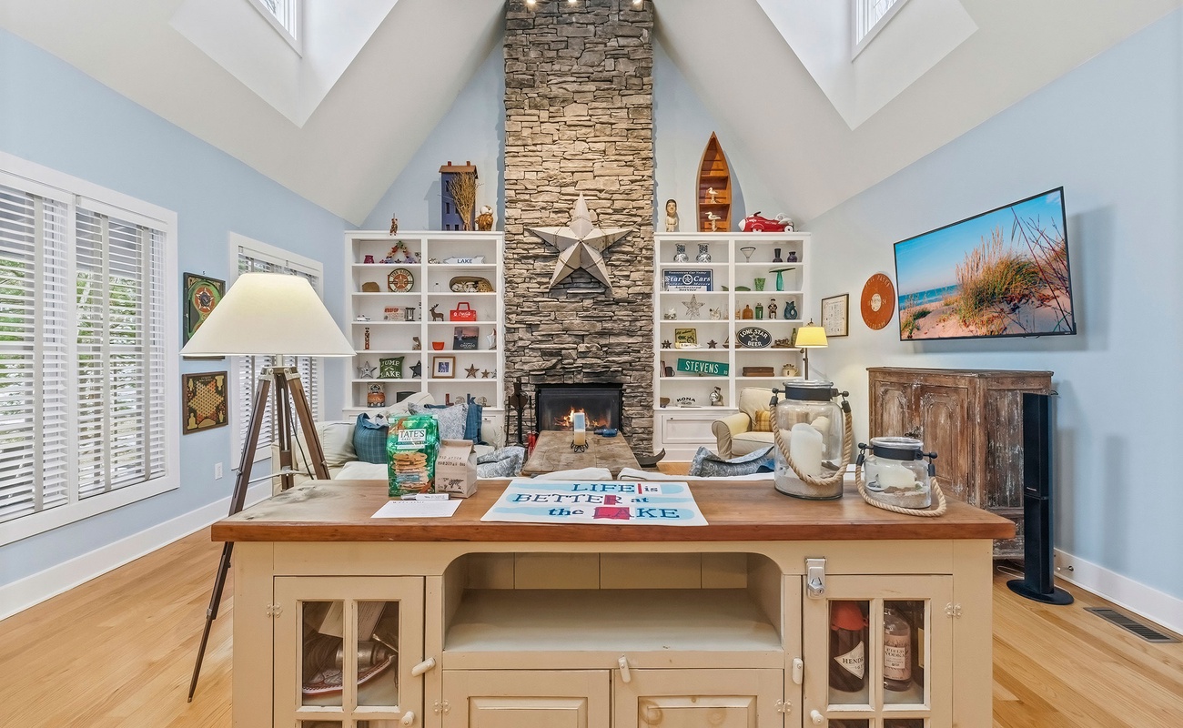 The star of our living room is the gorgeous vaulted ceiling.
