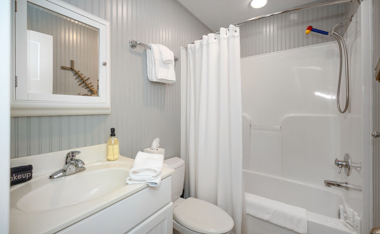 This main floor bathroom has a tub-shower and all the essentials.