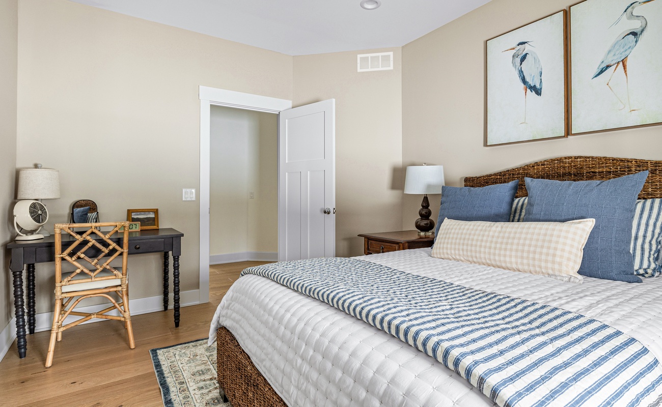 Woven textures, nautical vibes, and a desk for when inspiration strikes—work or relax, your choice!