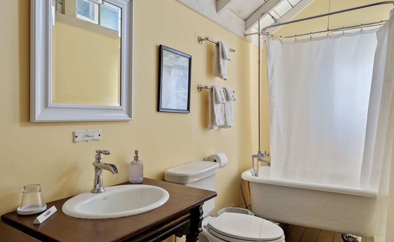 Step into serenity. Unwind in this charming vintage bathroom retreat!