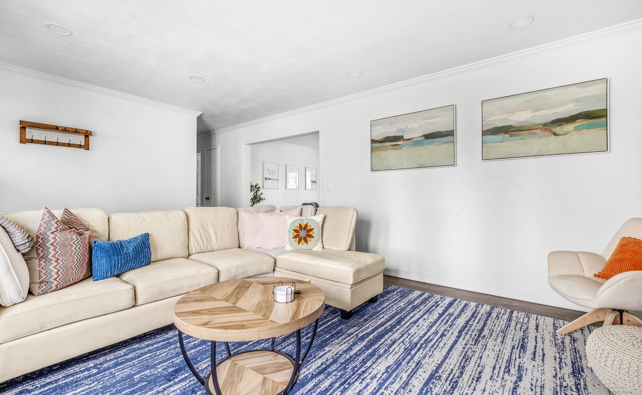 Our living room, adorned with beautiful blue and white rugs, is the perfect spot to unwind.