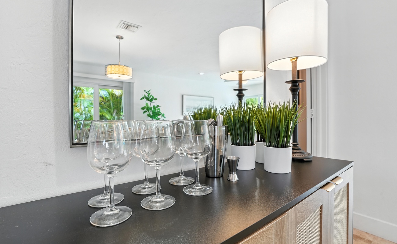 Wine glasses ready for sunset toasts.