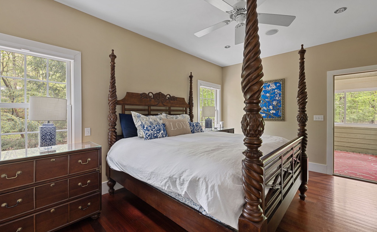 The primary bedroom is on the main level & has a king-size bed.