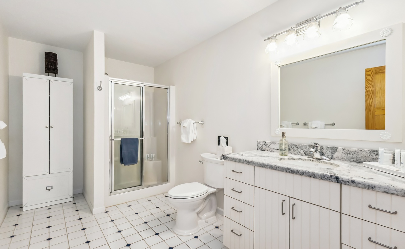 Unwind in this crisp, serene space after a day of adventure.