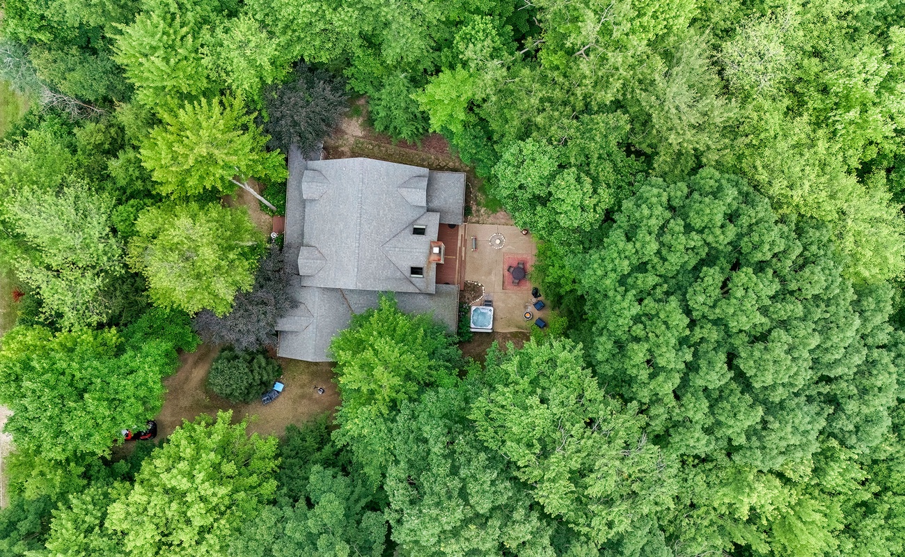 Bird’s-eye view of your private woodland escape—peace in every direction.