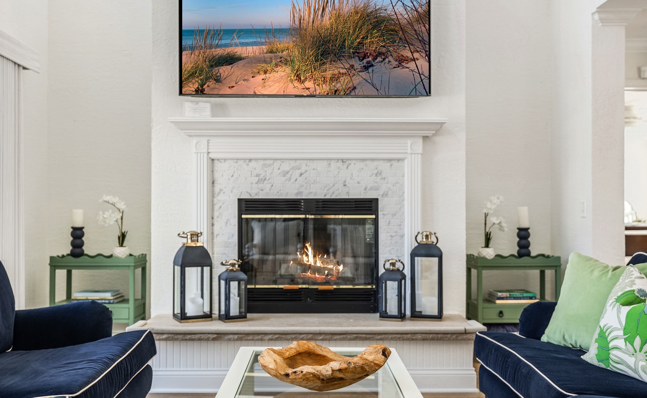 Evenings glow brighter by this stylish hearth.