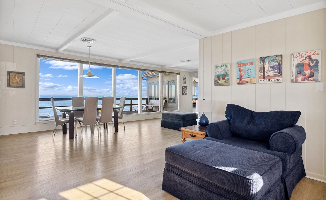 Step into the bright and airy living area of Lake Michigan Getaway.