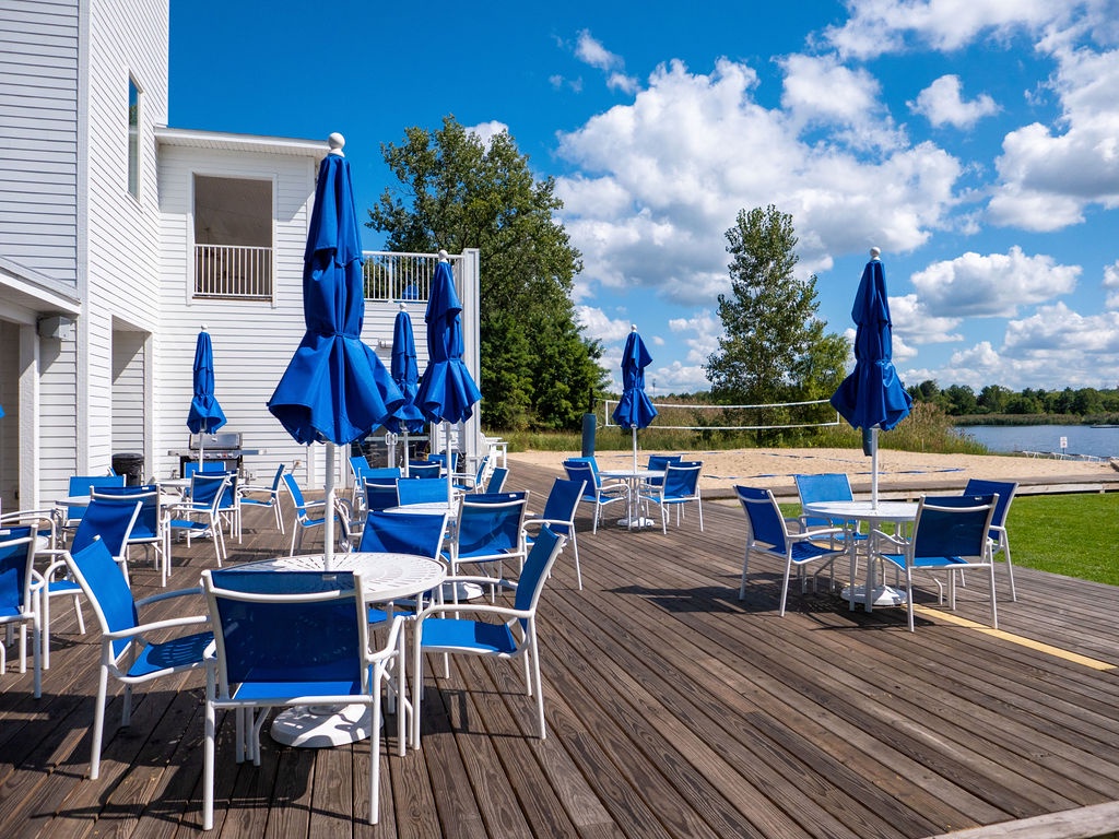 The Resort's waterfront dining deck overlooks the lake, perfect for group meals.