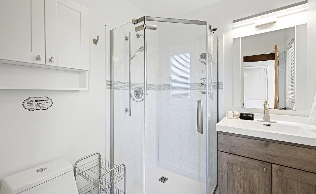 The Chalet's updated bath offers a modern style with contemporary fixtures.