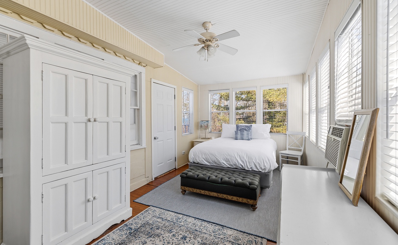 Bedroom 1 is on the upper level and has a queen-sized bed.