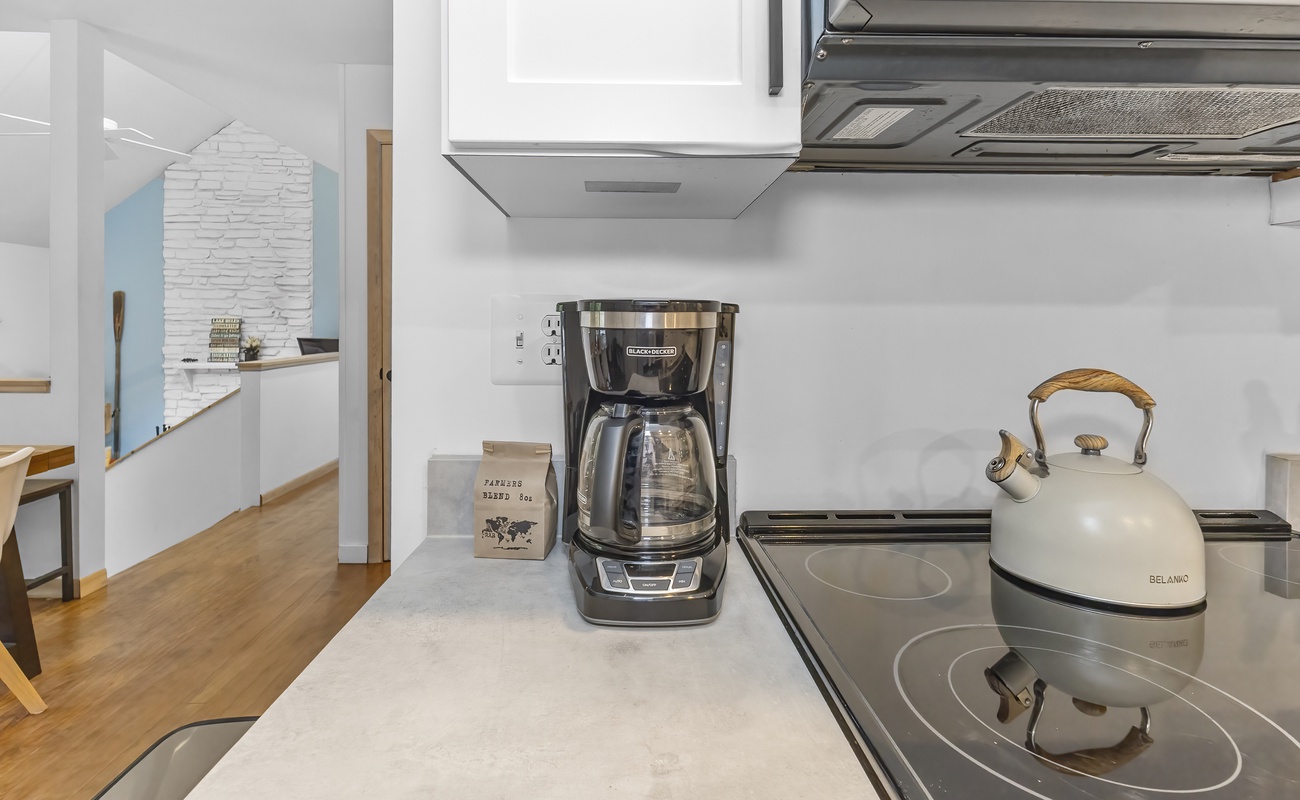 Perk up! Coffee and tea essentials await in the kitchen.