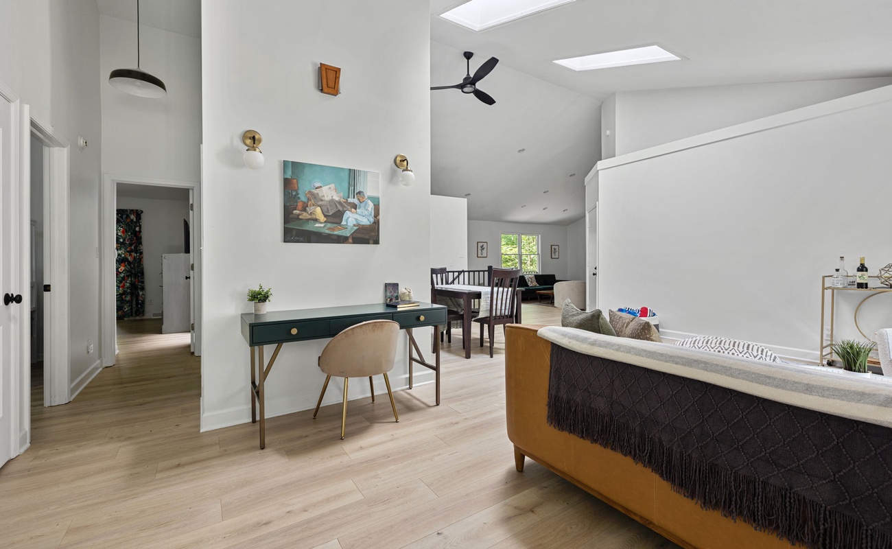 The open design and vaulted ceilings highlight this chic and comfortable home.