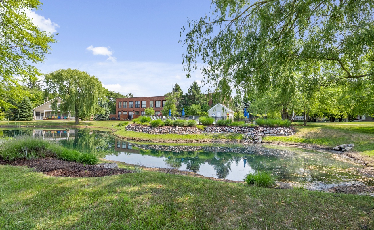 The community pool is right across the pond.