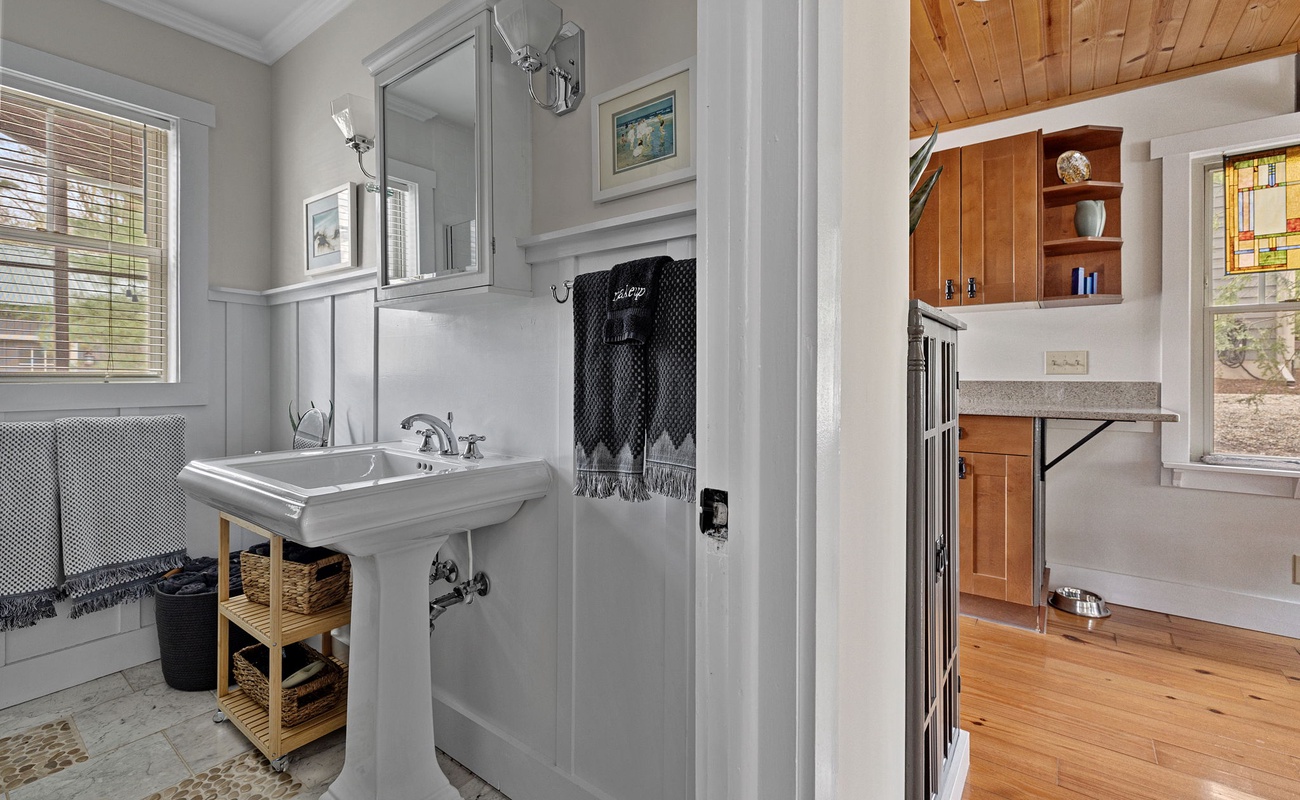 Metro-meets-country styling in this new bathroom with the essentials and more!