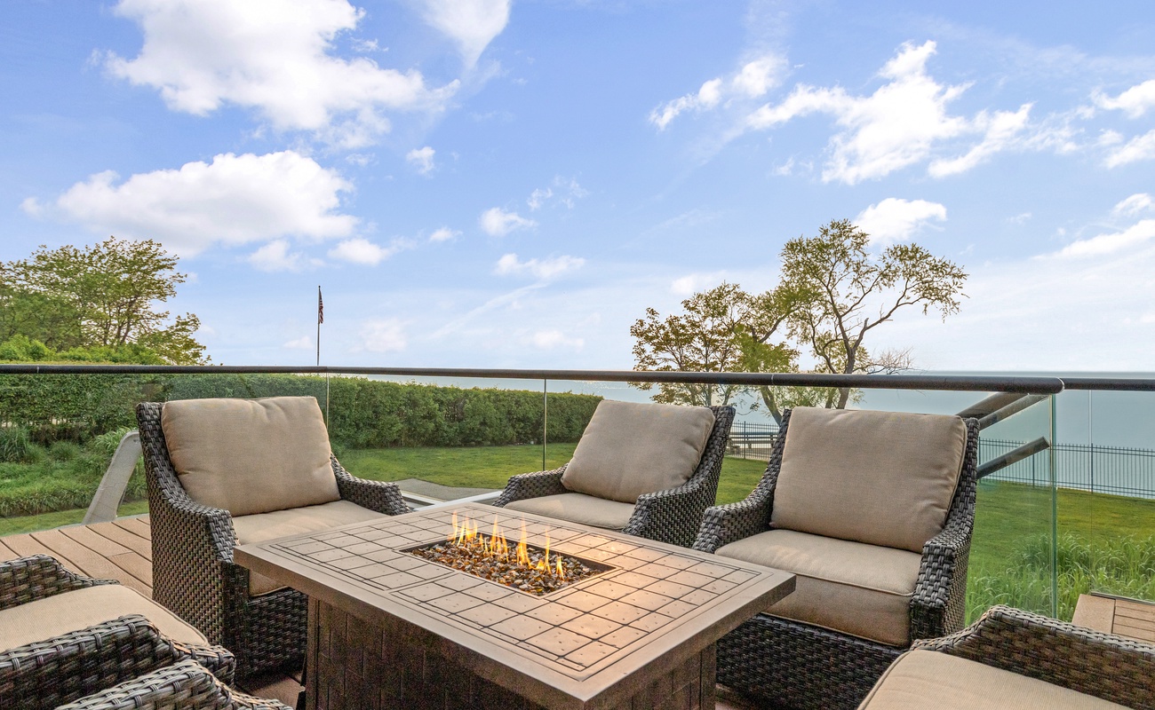 Evenings by the fire, with lake views and cozy vibes.