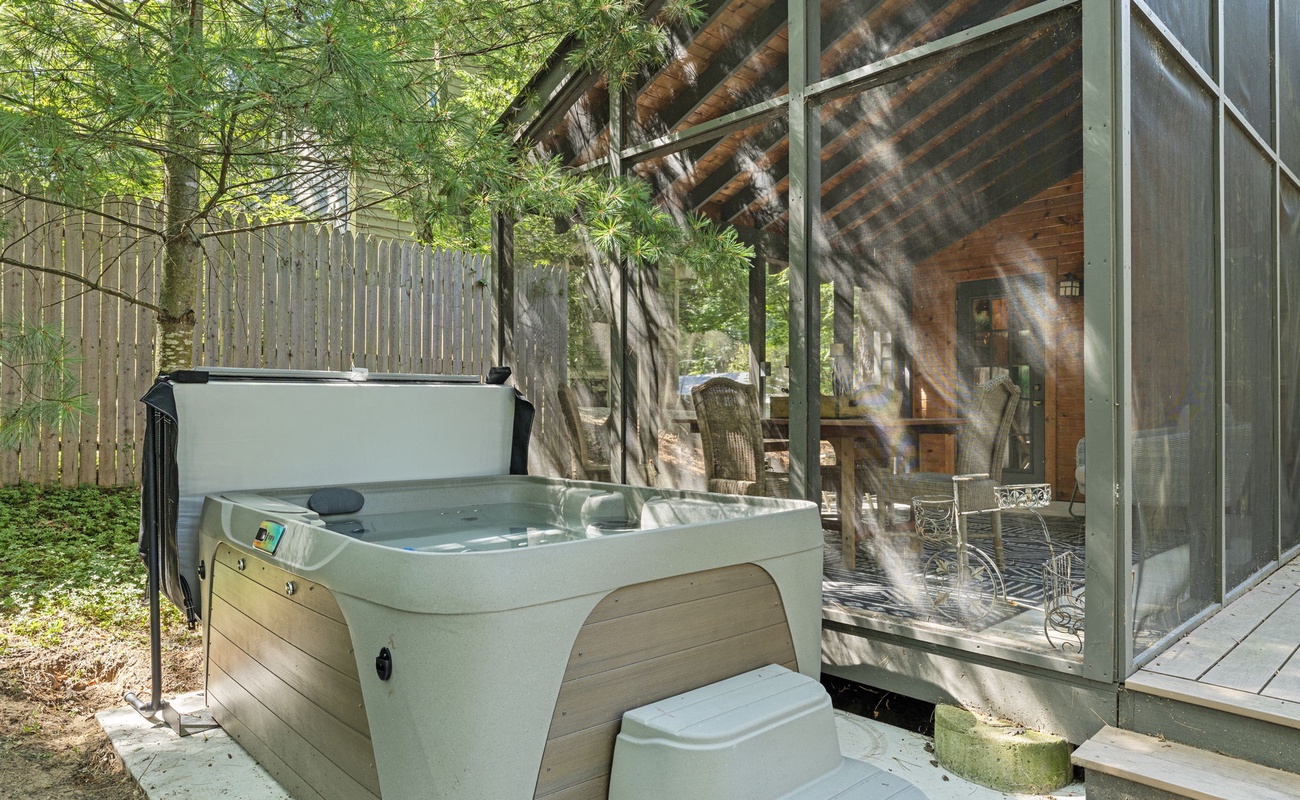 Unwind in your private forest retreat—where a soak in the hot tub is just steps away from cozy evenings on the screened porch. Nature and relaxation, perfectly blended.