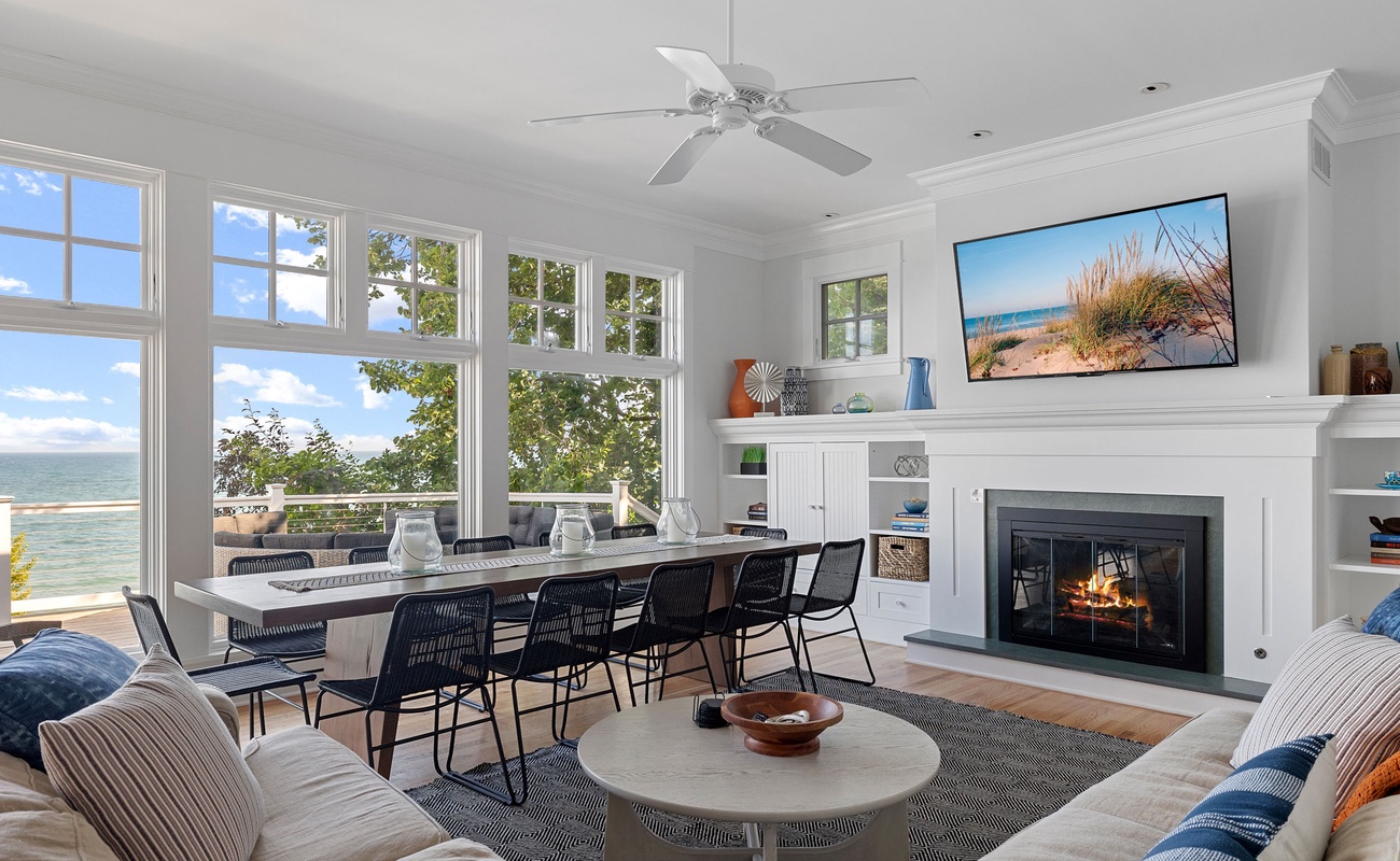 Incredible views of Lake Michigan are the highlight of the living room.