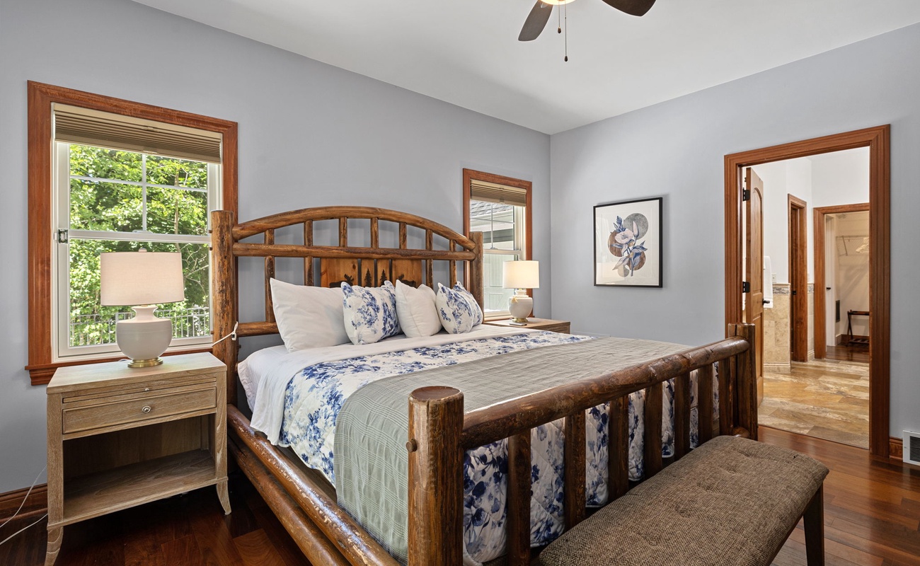 Primary bedroom is on the main level & has a king-size bed.