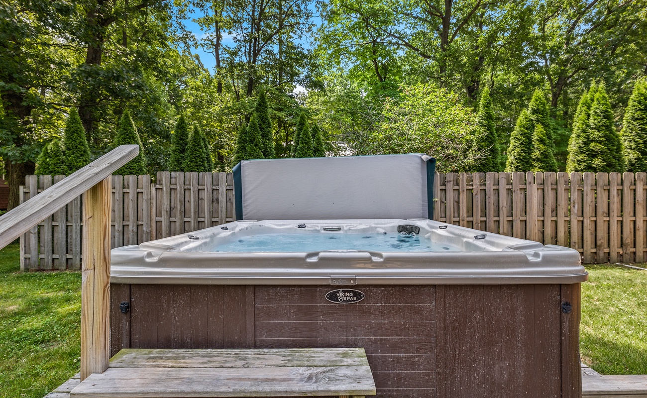 Available year-round, relax your cares away in the 8-person hot tub.