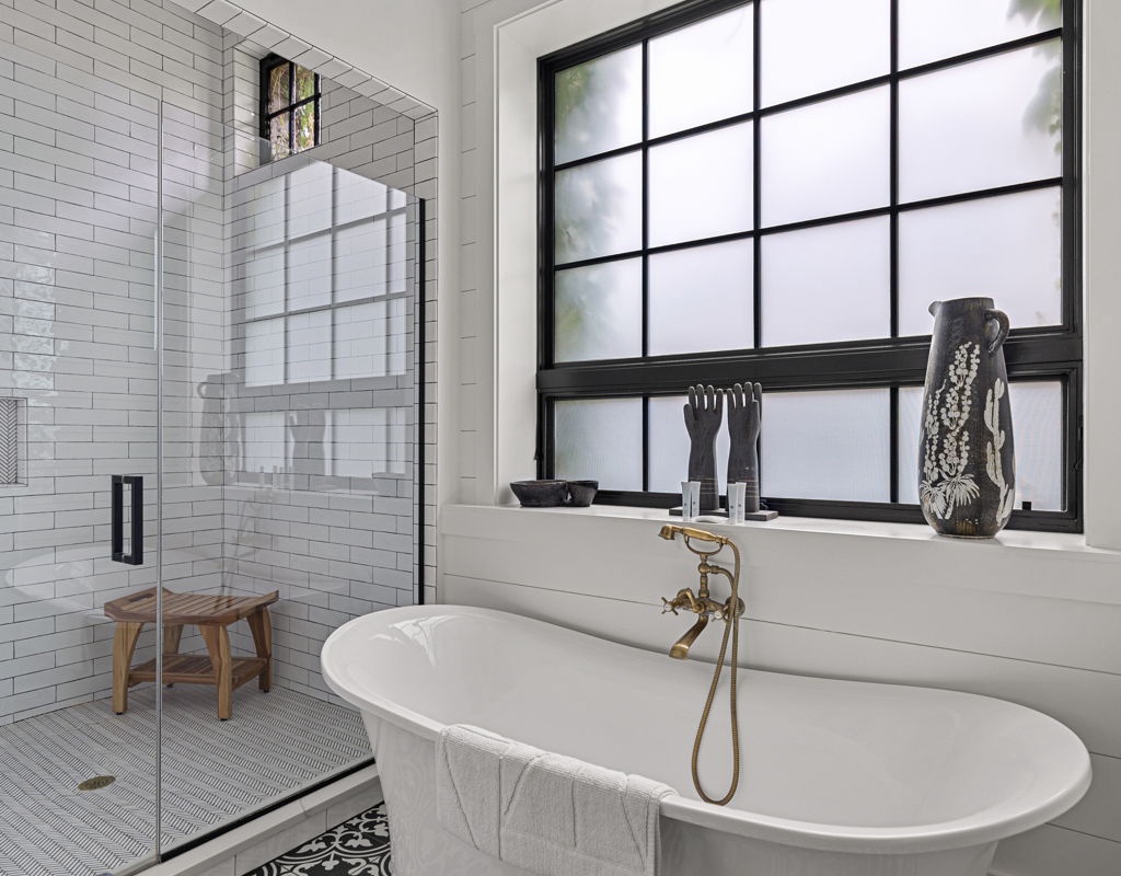 Imagine yourself relaxing in this statement tub.