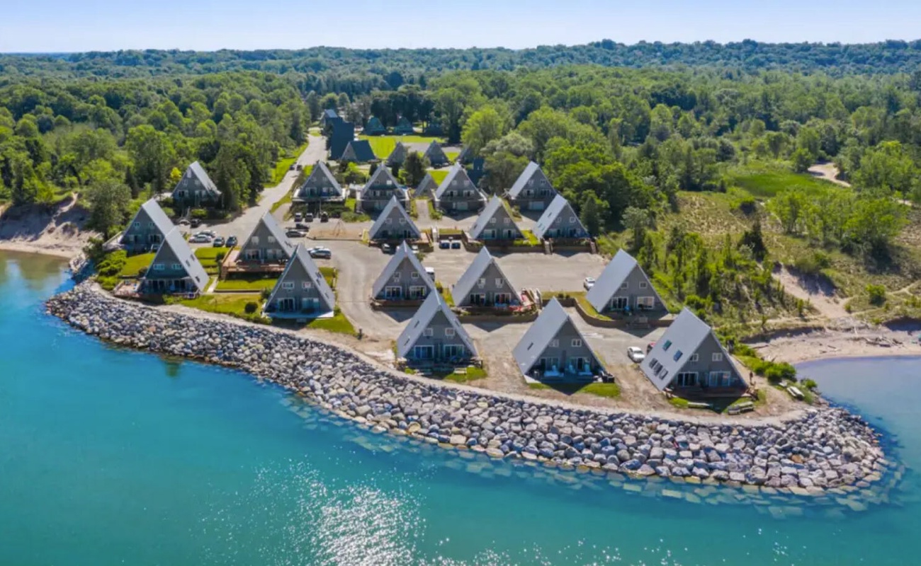 A sweeping aerial view of Chalet on the Lake Resort.
