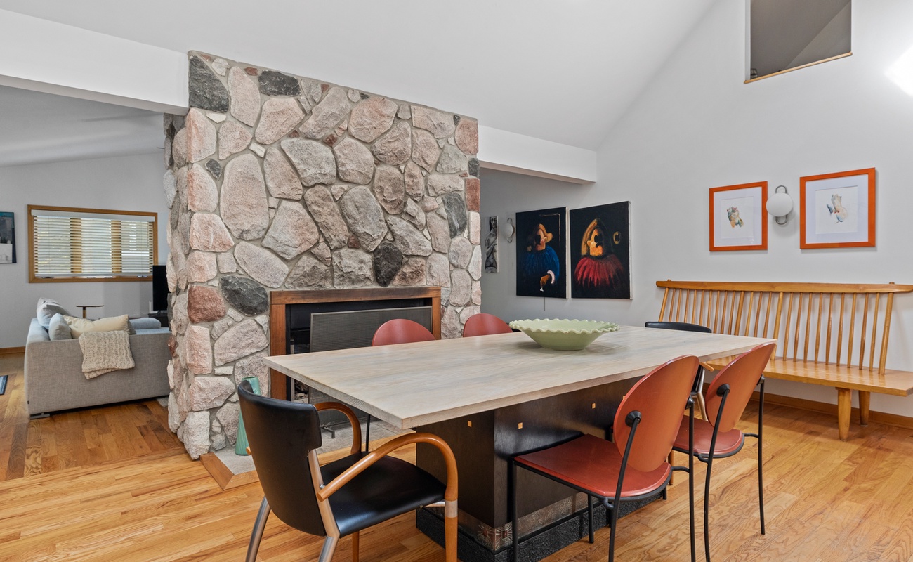 Enjoy the inviting warmth of our dual sided fireplace during family meals.