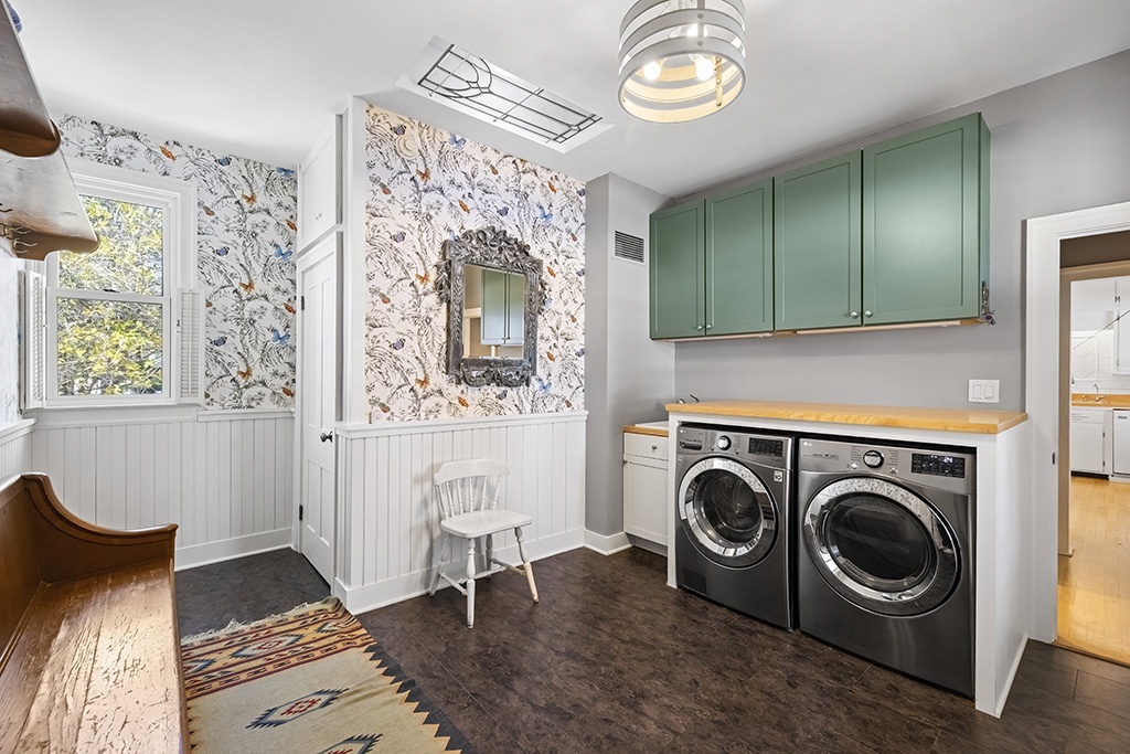 Cheerful mudroom + laundry ready for boots, coats, and resets at The Farmhouse.