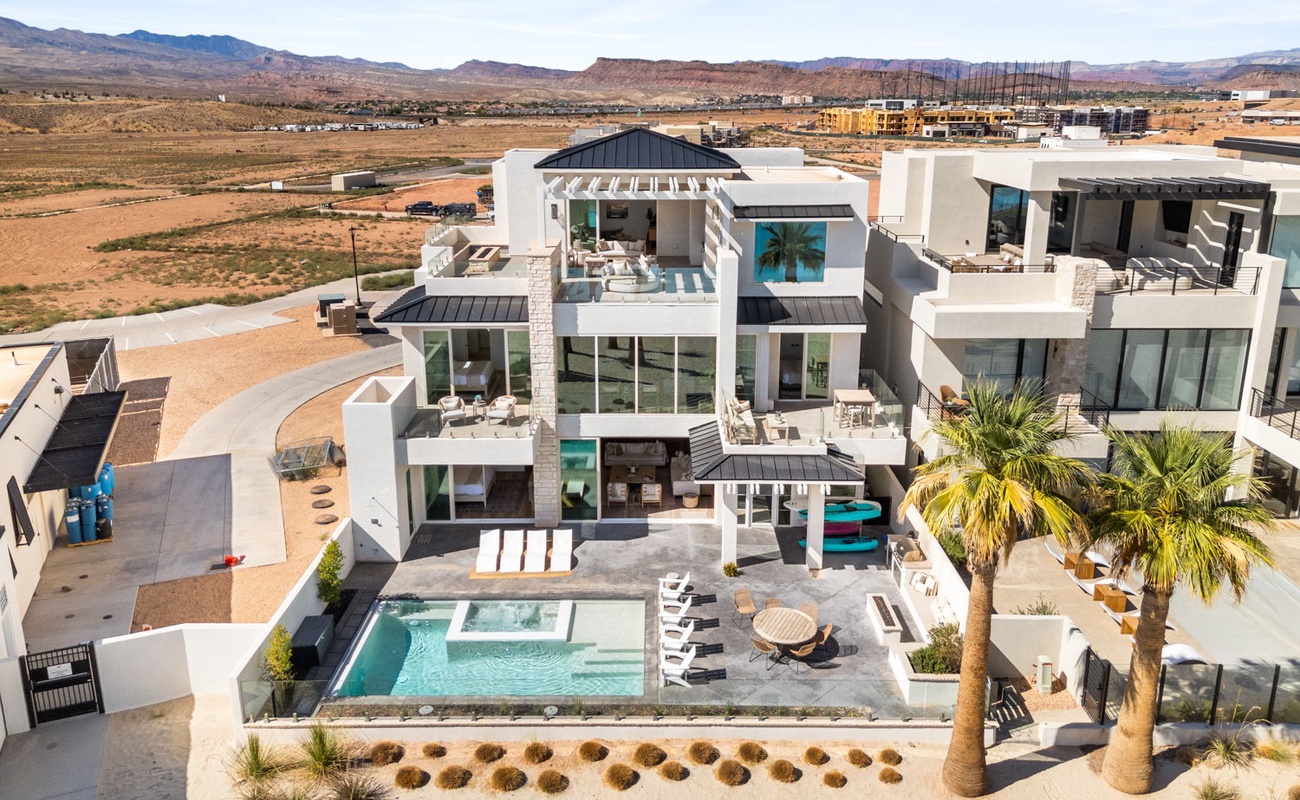 Aerial View: Patio with Private Pool and Hot Tub