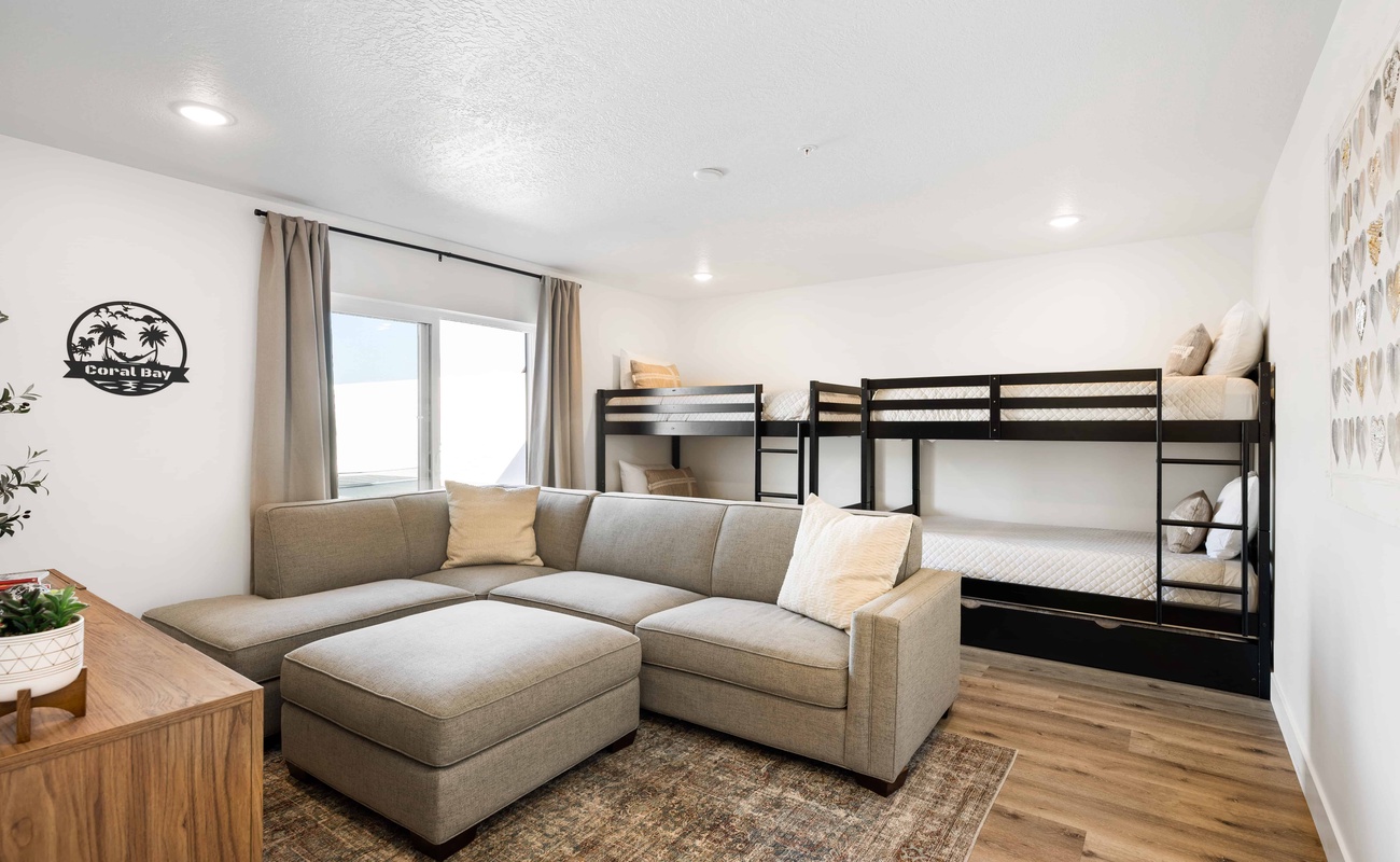 2 Twin/Twin Bunks with Twin Trundle and Queen Futon