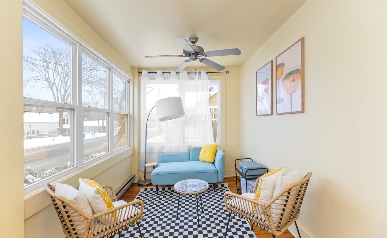 Great front patio with brand new retro furnishings