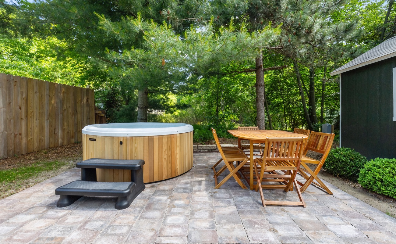 Brand new hot tub on the backyard patio