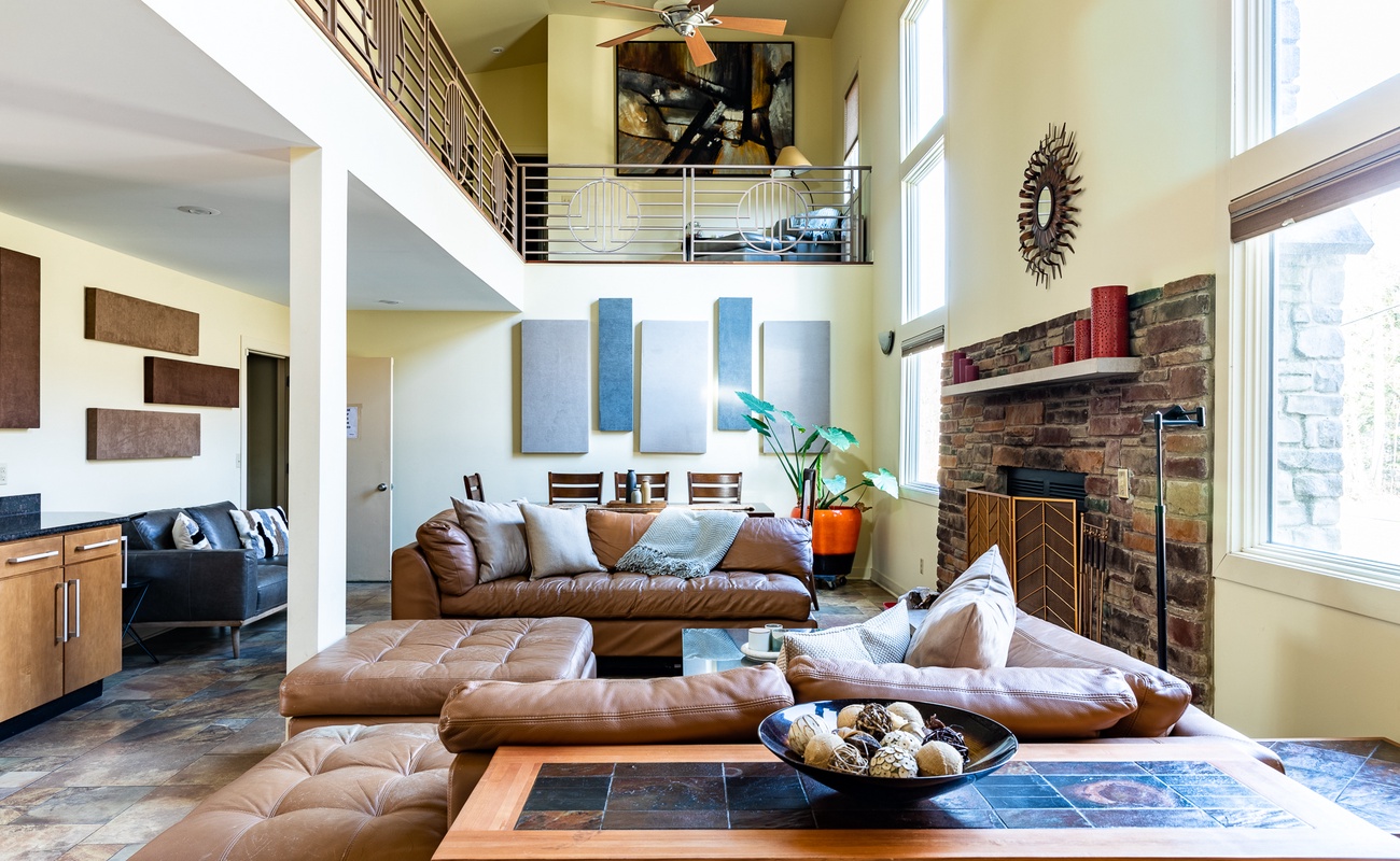 Living room open to the kitchen and dining area