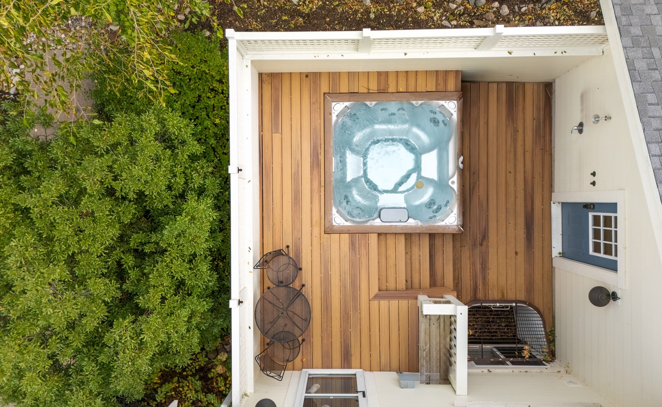 View from above — deck and hot tub oasis