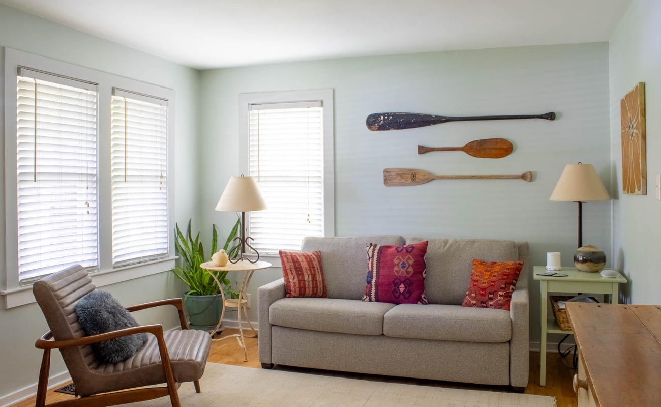 The cozy front sitting area is the perfect place to curl up with a good book.