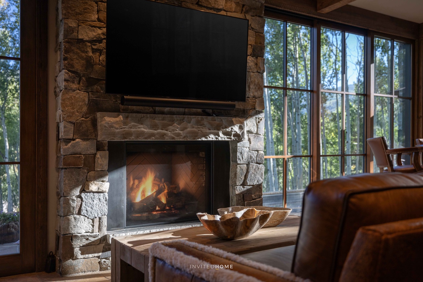 Fireplace in the ski chalet.