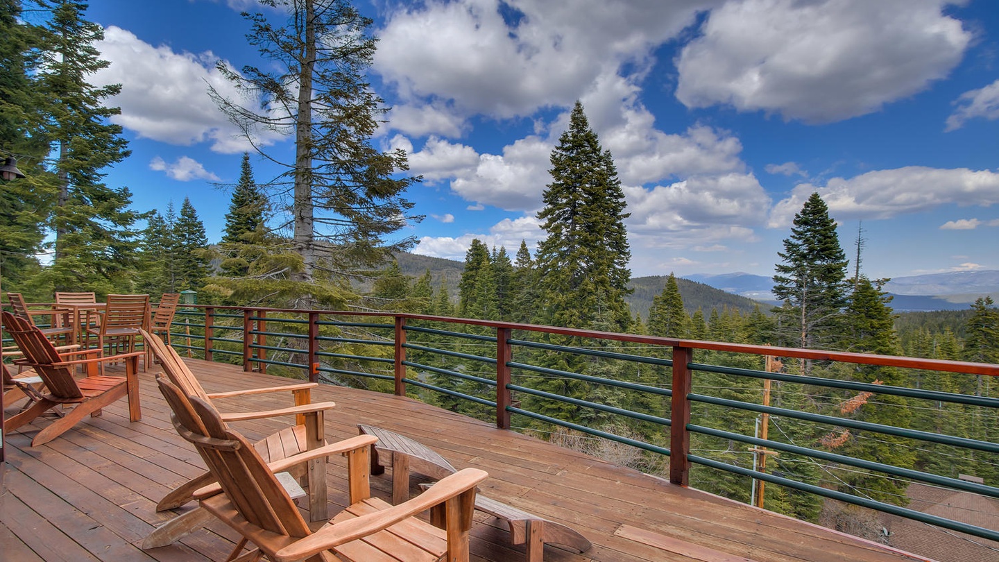 Outside seating at this cabin in north lake tahoe: Falcon's Eye View Retreat