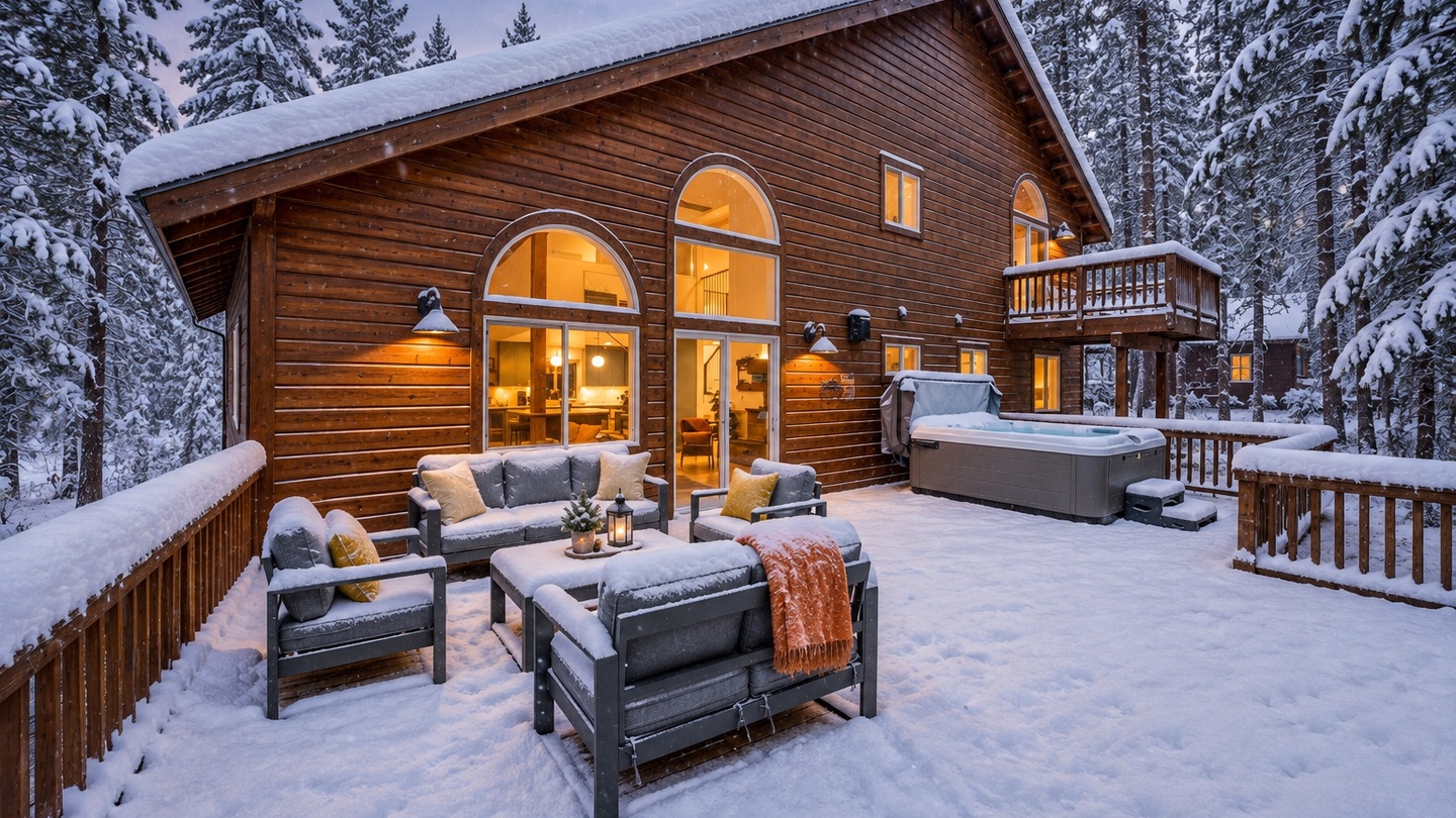 A cozy mountain retreat nestled among snow-dusted pines. The warm glow from cathedral windows illuminates a spacious deck featuring a hot tub and outdoor lounge, perfect for après-ski evenings under winter skies.