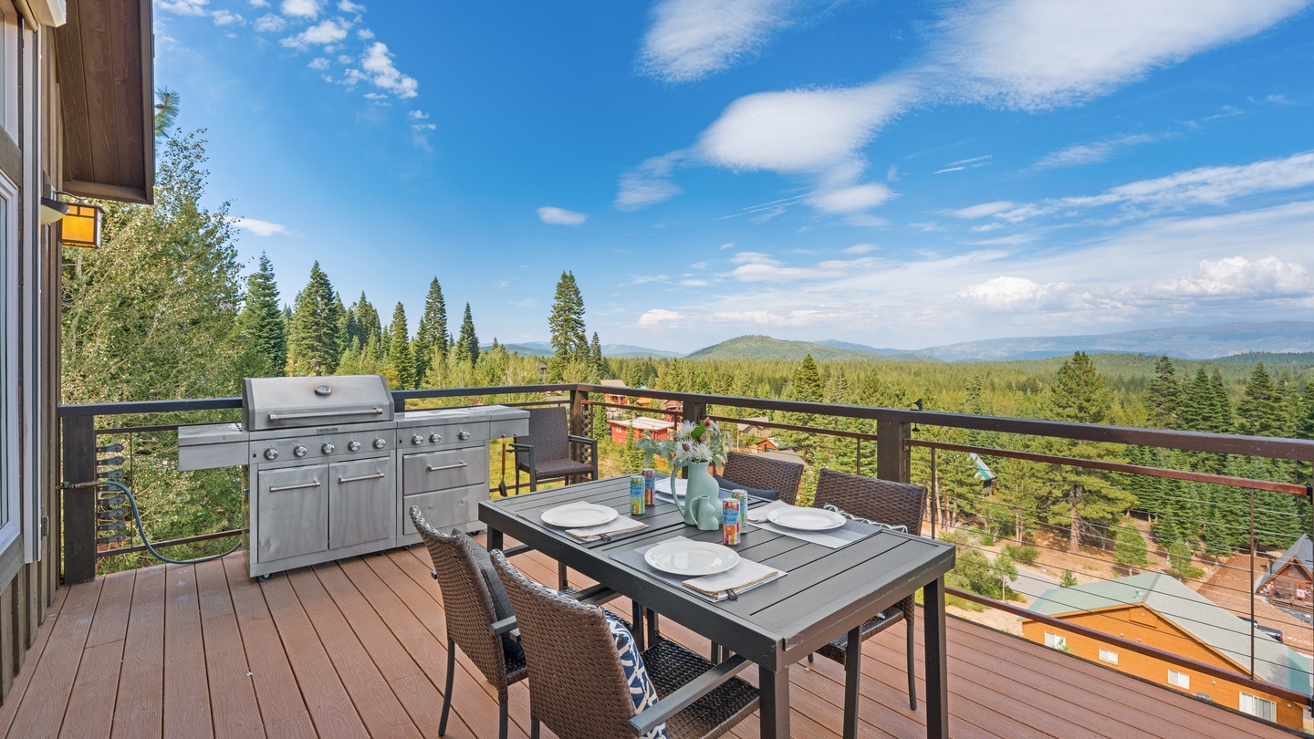 Sweeping mountain and forest views from your private deck await, where you can fire up the grill and dine al fresco surrounded by the peaceful beauty of towering pines and rolling peaks.