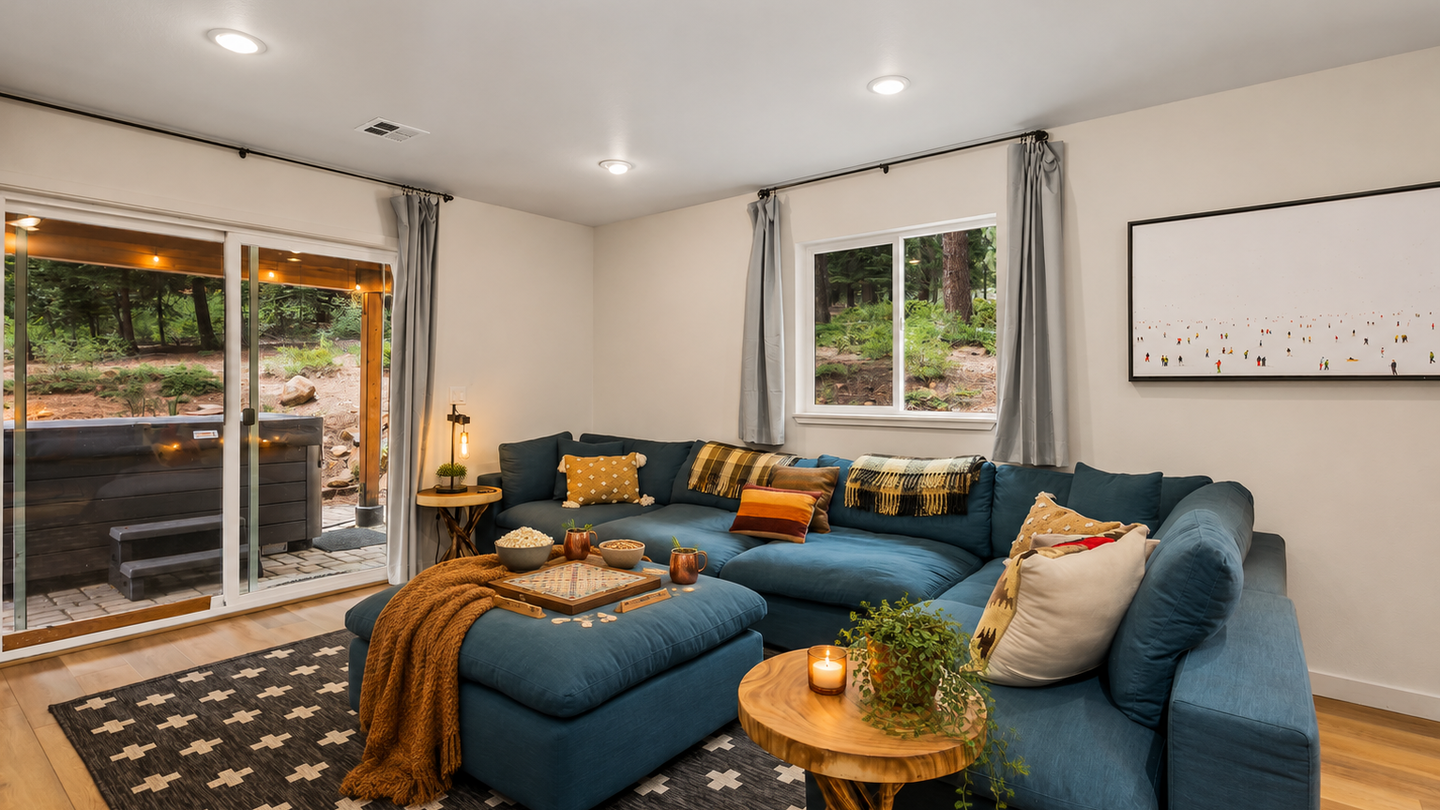 Sink into the plush blue sectional and unwind in your private retreat, where forest views and warm accents invite you to relax completely.