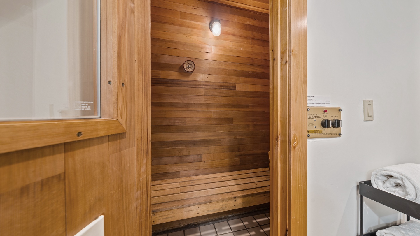 Step into your private sauna and let the warm cedar embrace you—your personal wellness retreat awaits just steps from your room.