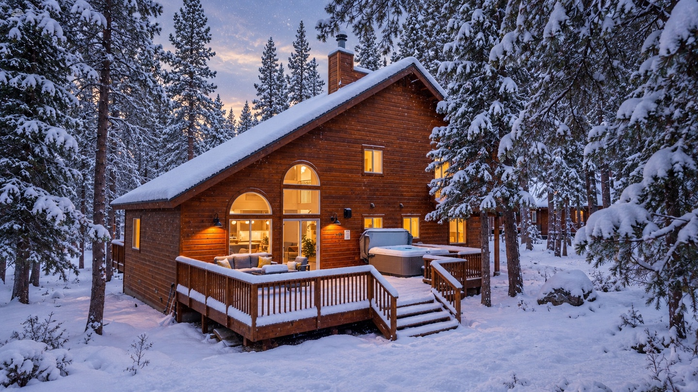A warm mountain cabin glows against a pristine winter forest. Fresh snow blankets towering pines surrounding this peaceful retreat, complete with a welcoming hot tub on the deck for après-ski relaxation.