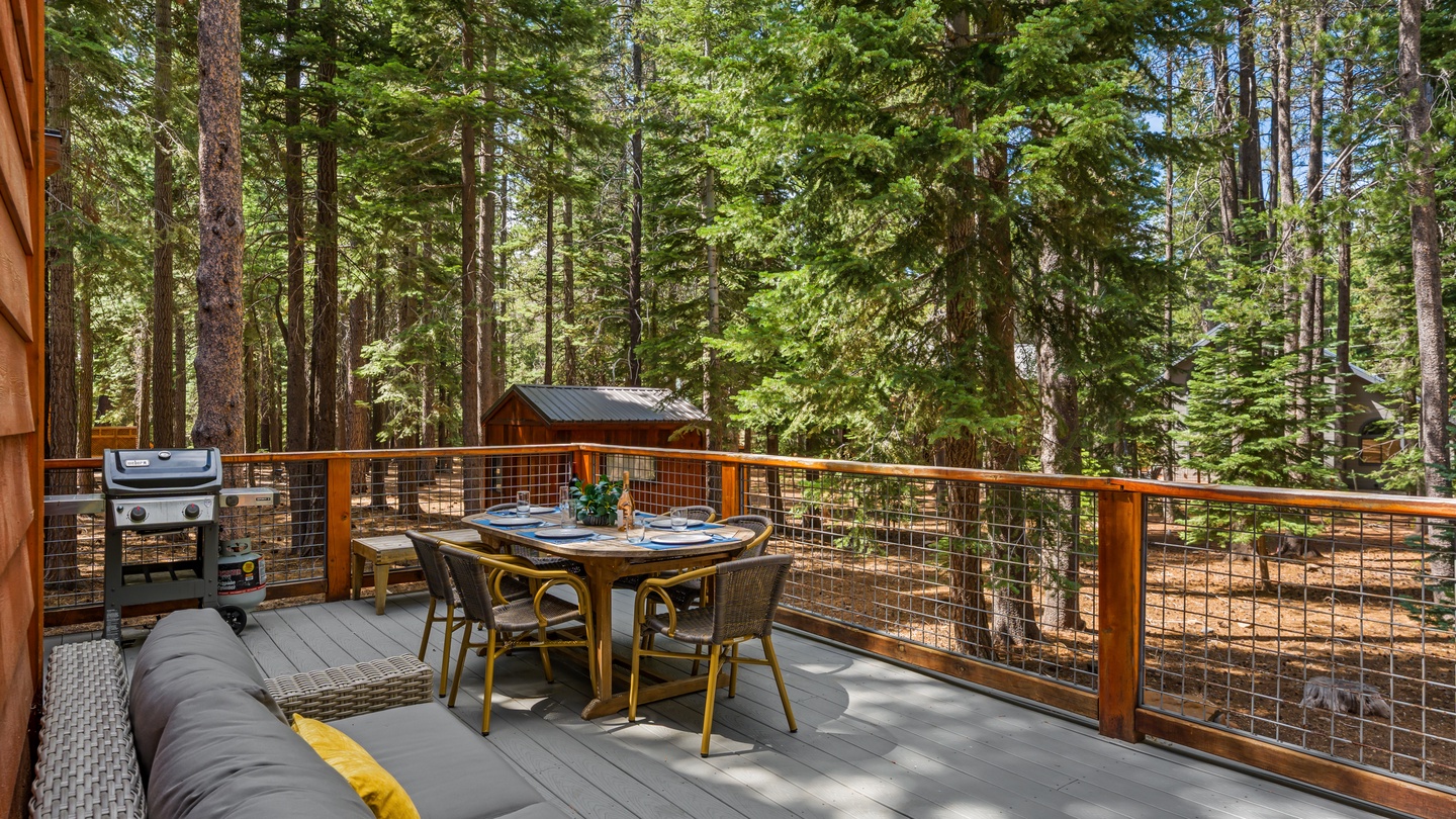 Step onto your private deck surrounded by towering pines—a peaceful forest retreat where fresh mountain air and dappled sunlight set the scene for morning coffee or evening barbecues.