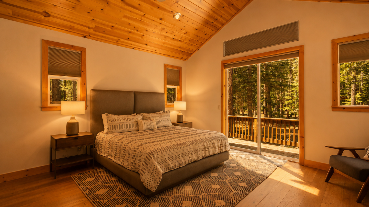 Wake up to sunlight filtering through the trees and step onto your private balcony. The vaulted wood ceiling and warm glow create a peaceful retreat where you can truly unwind.