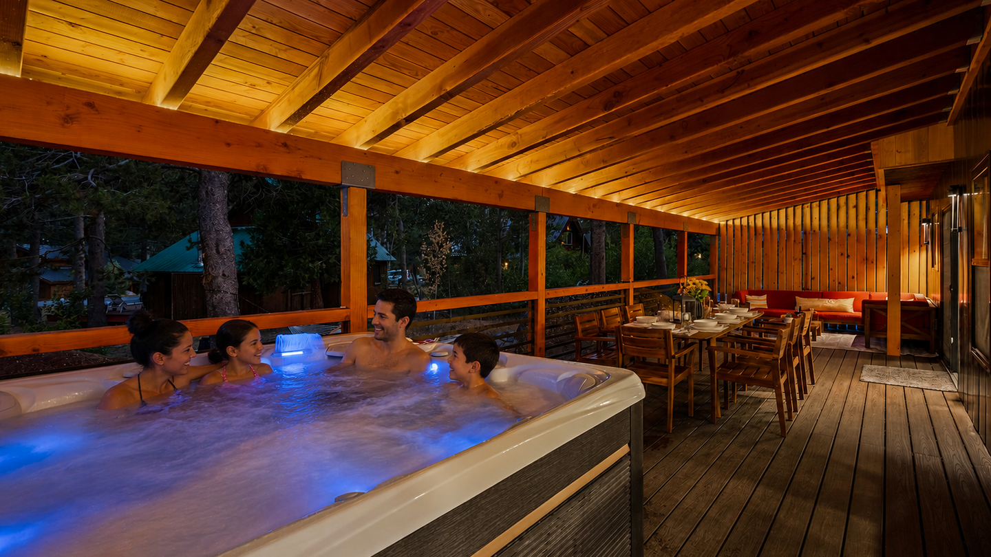 Slip into the glowing hot tub under the stars, then gather at your private outdoor dining table—perfect for cozy evenings with loved ones.