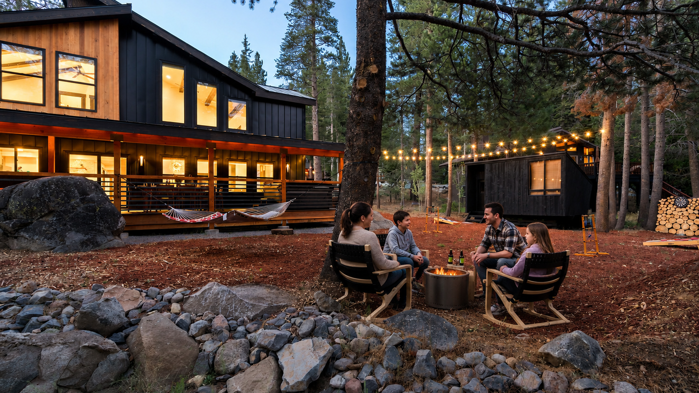 This contemporary mountain retreat sits nestled among towering pines, offering a perfect blend of modern architecture and natural surroundings with warmly lit interiors and outdoor gathering spaces.