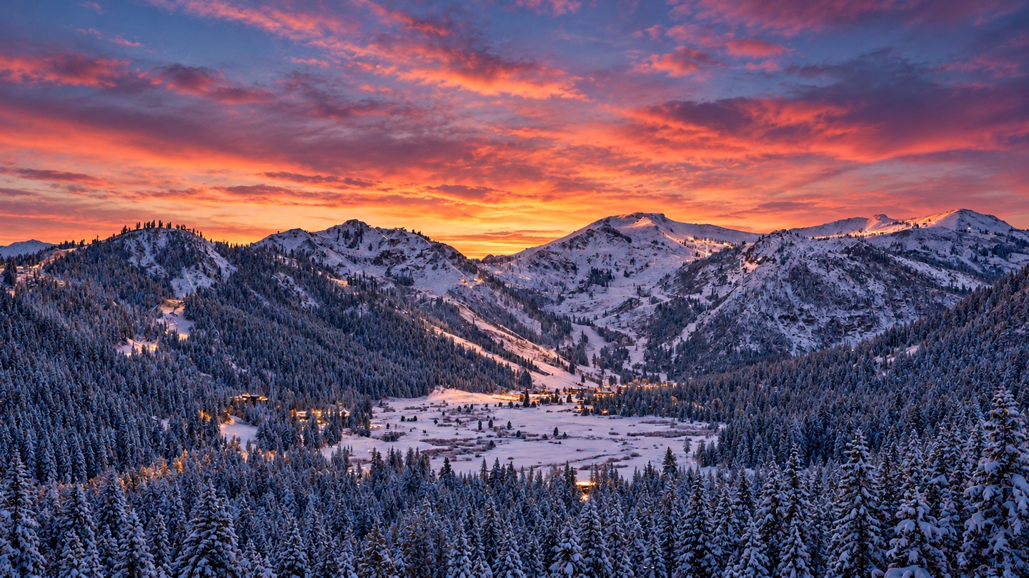 StoneHaven Twilight Lights in a Snowy Alpine Valley