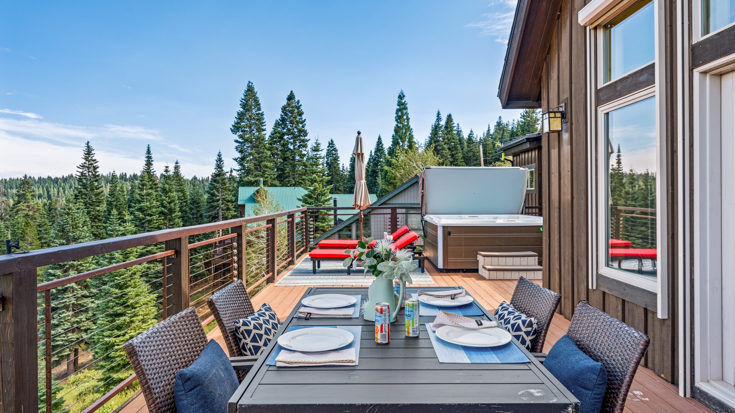 Step onto your private balcony and take in sweeping views of towering pines and mountain landscape. Dine al fresco at the table for six, unwind in the hot tub, or relax on lounge chairs—all while surrounded by crisp mountain air and natural beauty.