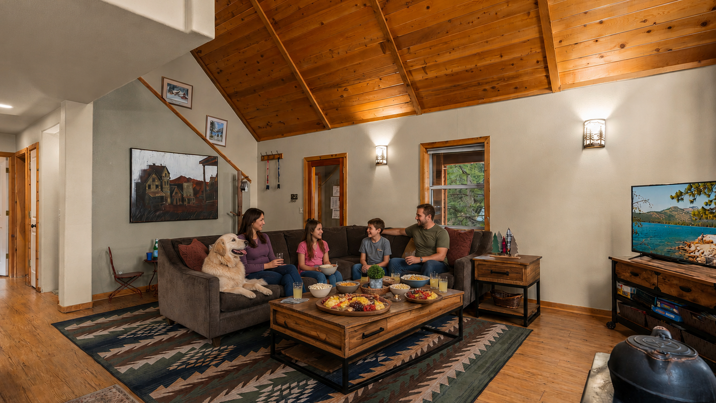 Gather around your spacious living room, where vaulted wood ceilings, cozy seating, and natural light create the perfect space for your family to relax together.