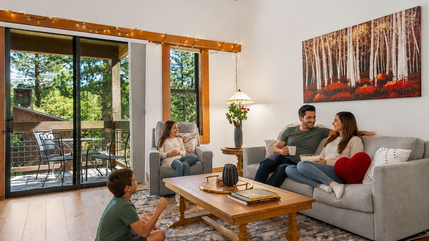 Relax in your bright, spacious living room with vaulted ceilings, cozy seating, and doors opening to a private balcony with forest views.