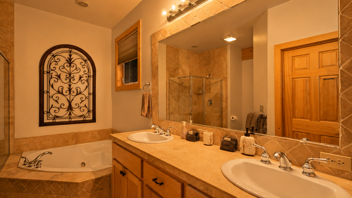 Your private bathroom features warm tile, dual sinks, and a soaking tub—perfect for unwinding after a day of exploring. Fresh towels, elegant lighting, and a spacious layout await your arrival.
